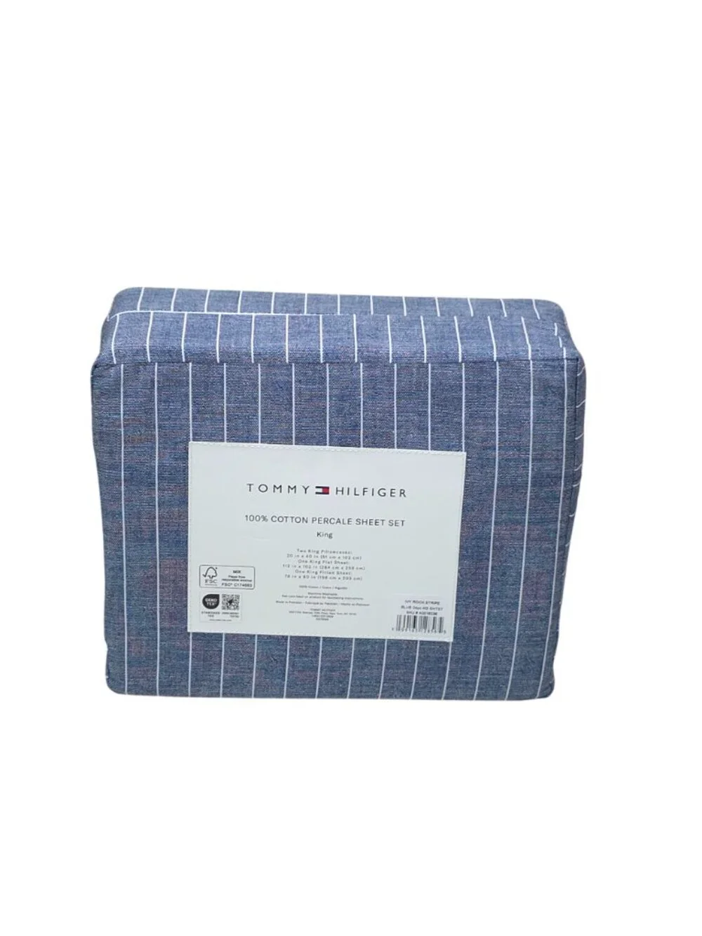 Tommy Hilfiger 100% Cotton Percale King Sheet Set Blue Stripe 4-Piece Denim Blue